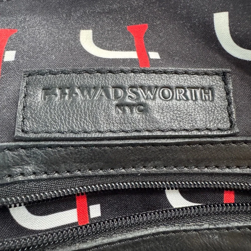 FH Wadsworth Black Leather Backpack Short Par 4 Logo Laptop Sleeve Frayed *READ*